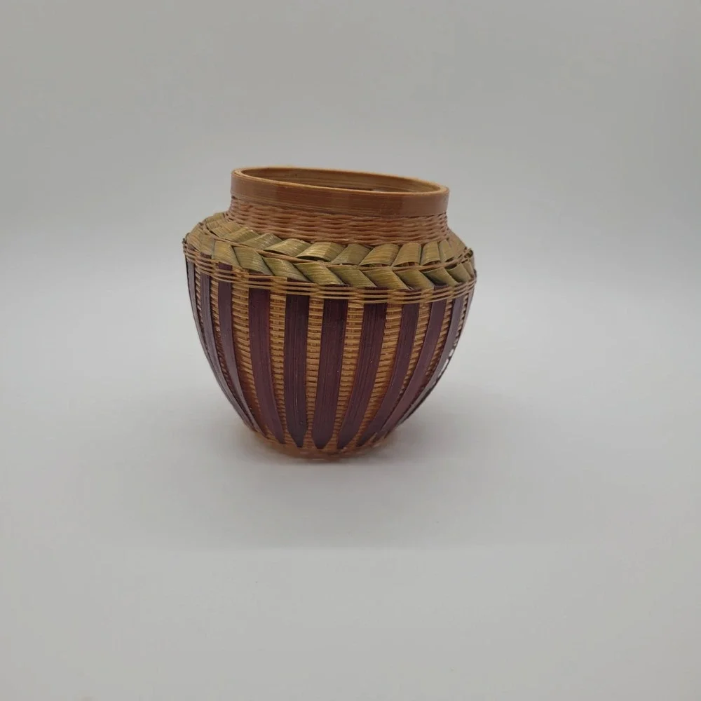 Vintage Hand Woven Bamboo Basket Small Decorative Pot‎ Natural Boho
